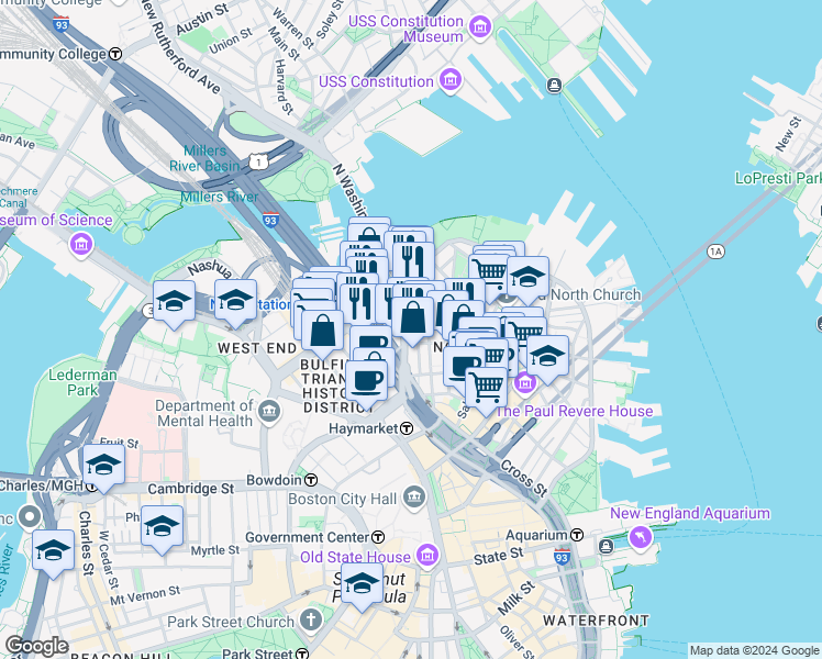 map of restaurants, bars, coffee shops, grocery stores, and more near 7 Endicott Court in Boston