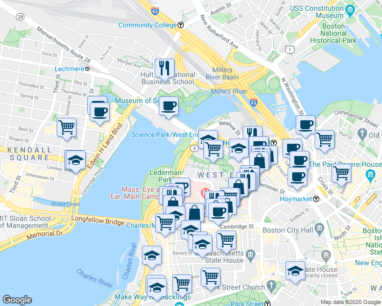 map of restaurants, bars, coffee shops, grocery stores, and more near in Boston