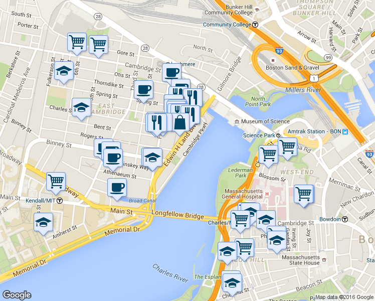 map of restaurants, bars, coffee shops, grocery stores, and more near 55 Cambridge Parkway in Cambridge