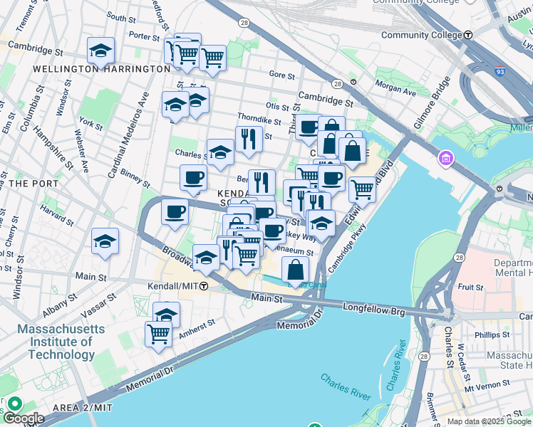 map of restaurants, bars, coffee shops, grocery stores, and more near in Cambridge
