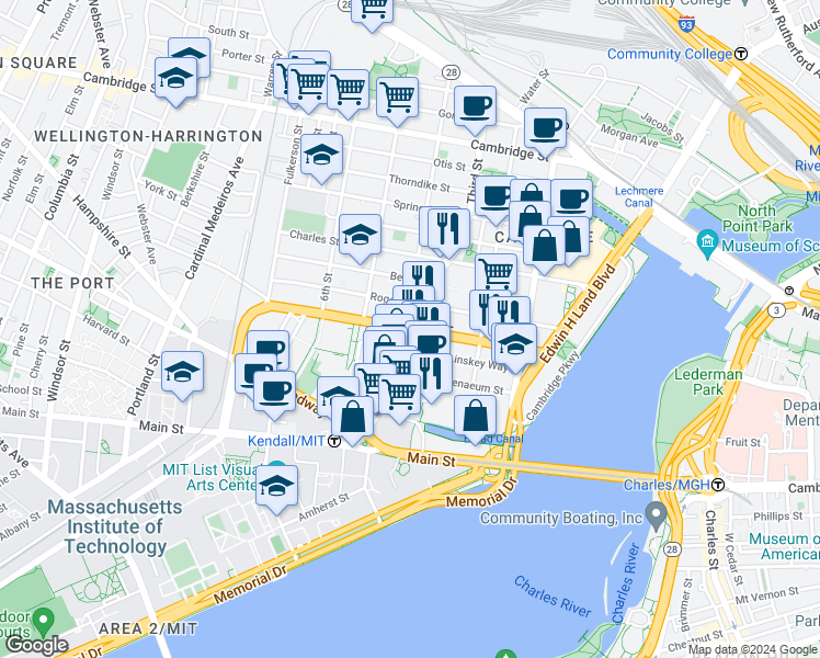 map of restaurants, bars, coffee shops, grocery stores, and more near in Cambridge