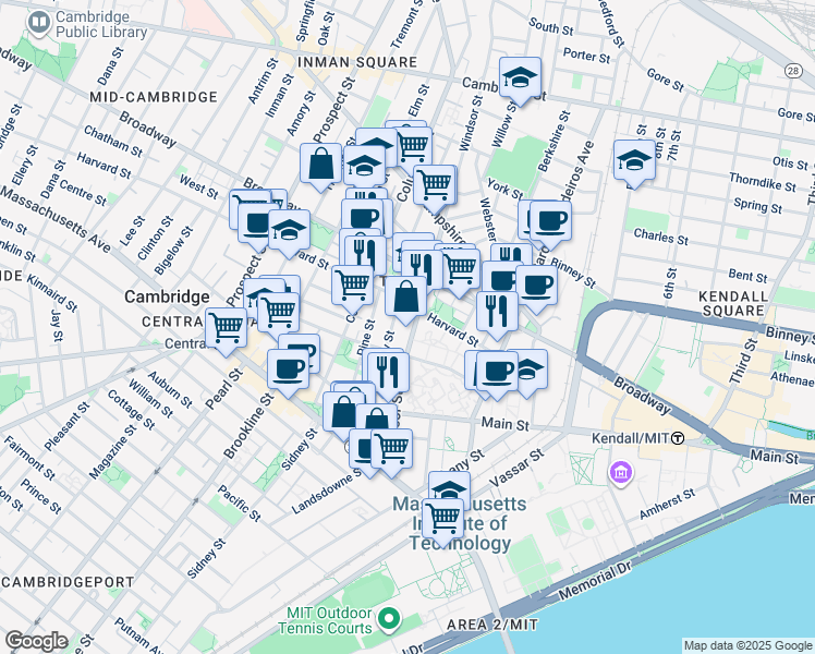 map of restaurants, bars, coffee shops, grocery stores, and more near 8 Harvard Street in Cambridge