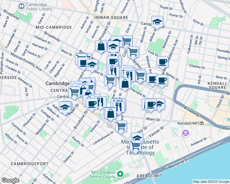 map of restaurants, bars, coffee shops, grocery stores, and more near 151R Cherry Street in Cambridge