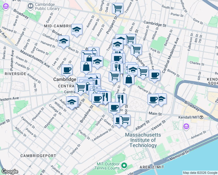 map of restaurants, bars, coffee shops, grocery stores, and more near in Cambridge