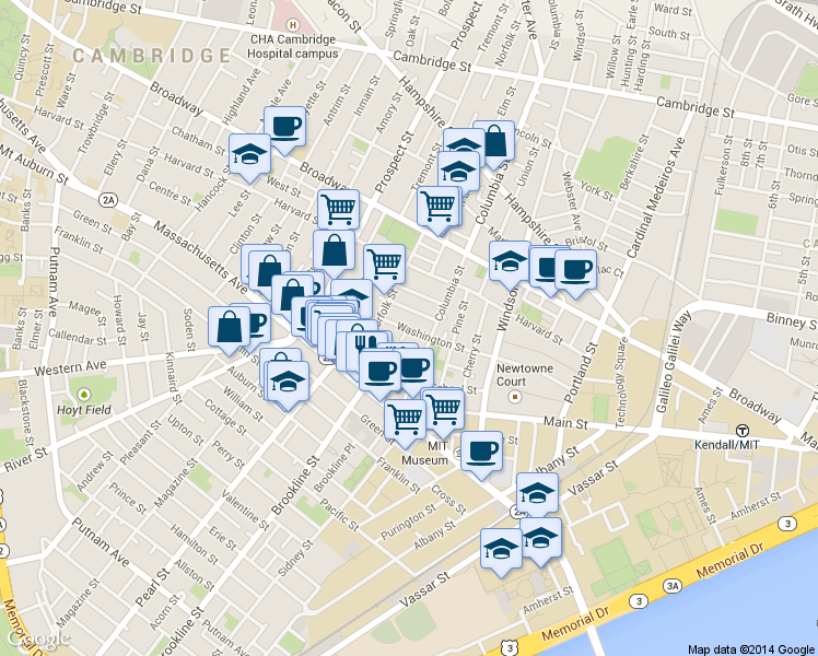 map of restaurants, bars, coffee shops, grocery stores, and more near 385 Washington Street in Cambridge