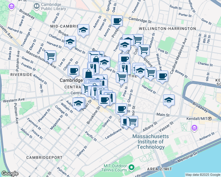 map of restaurants, bars, coffee shops, grocery stores, and more near 385 Washington Street in Cambridge