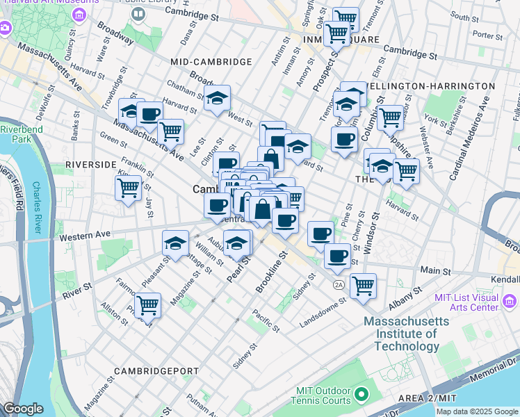 map of restaurants, bars, coffee shops, grocery stores, and more near in Cambridge