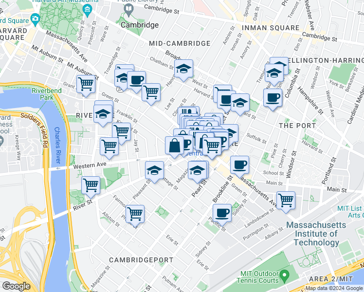 map of restaurants, bars, coffee shops, grocery stores, and more near in Cambridge