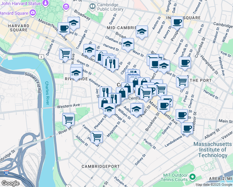 map of restaurants, bars, coffee shops, grocery stores, and more near 345 Franklin Street in Cambridge