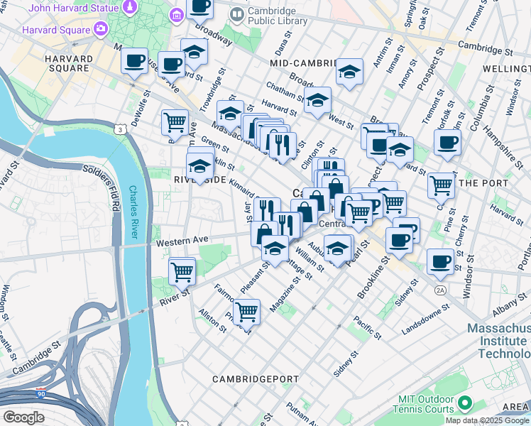 map of restaurants, bars, coffee shops, grocery stores, and more near in Cambridge