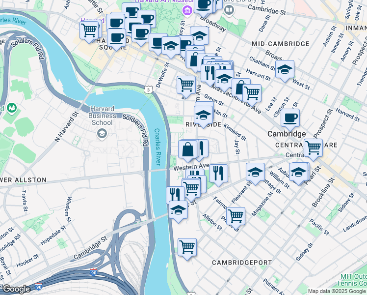 map of restaurants, bars, coffee shops, grocery stores, and more near 31 Peabody Terrace in Cambridge