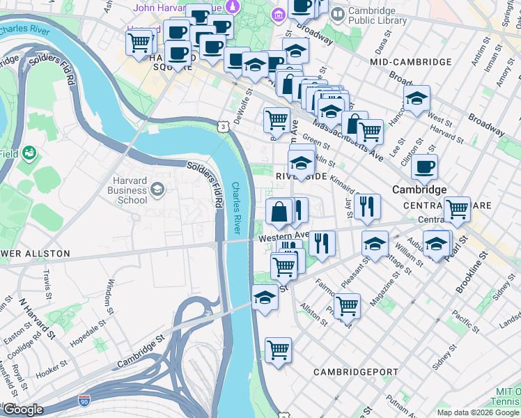 map of restaurants, bars, coffee shops, grocery stores, and more near 30 Peabody Terrace in Cambridge