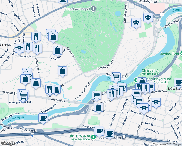 map of restaurants, bars, coffee shops, grocery stores, and more near 199 Coolidge Avenue in Watertown