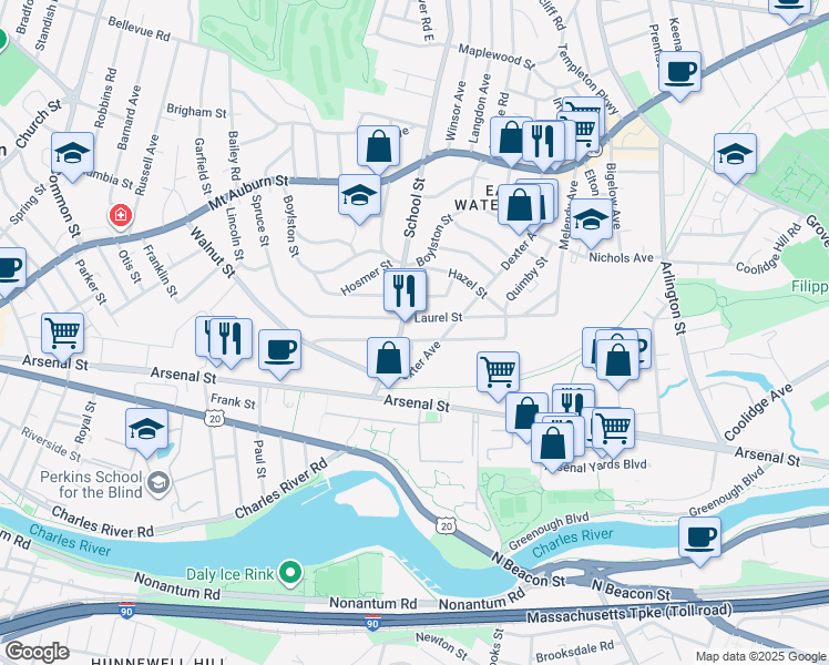 map of restaurants, bars, coffee shops, grocery stores, and more near 104 School Street in Watertown