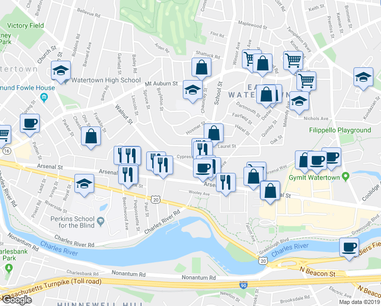 map of restaurants, bars, coffee shops, grocery stores, and more near 155 Spruce Street in Watertown