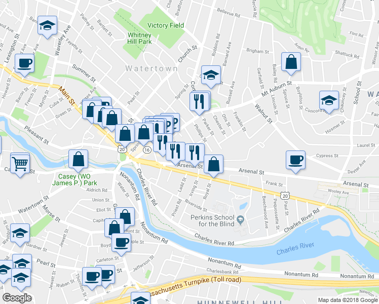map of restaurants, bars, coffee shops, grocery stores, and more near 39 Irving Street in Watertown