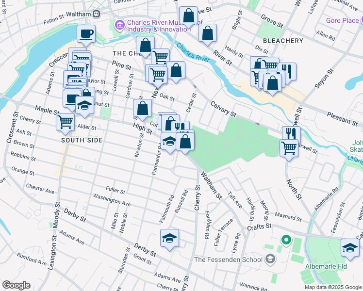 map of restaurants, bars, coffee shops, grocery stores, and more near 88 Cedar Street in Waltham