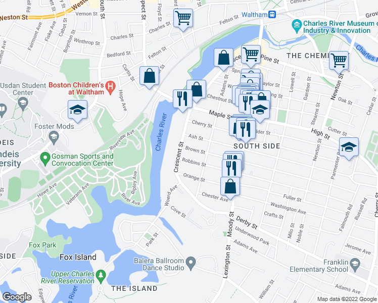 map of restaurants, bars, coffee shops, grocery stores, and more near 12 Brown Street in Waltham
