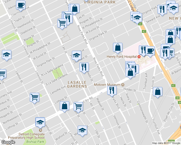 map of restaurants, bars, coffee shops, grocery stores, and more near 7550 Dunedin Street in Detroit