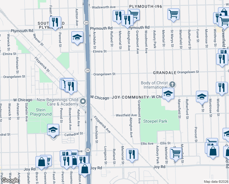 map of restaurants, bars, coffee shops, grocery stores, and more near 9550 Rutland Street in Detroit
