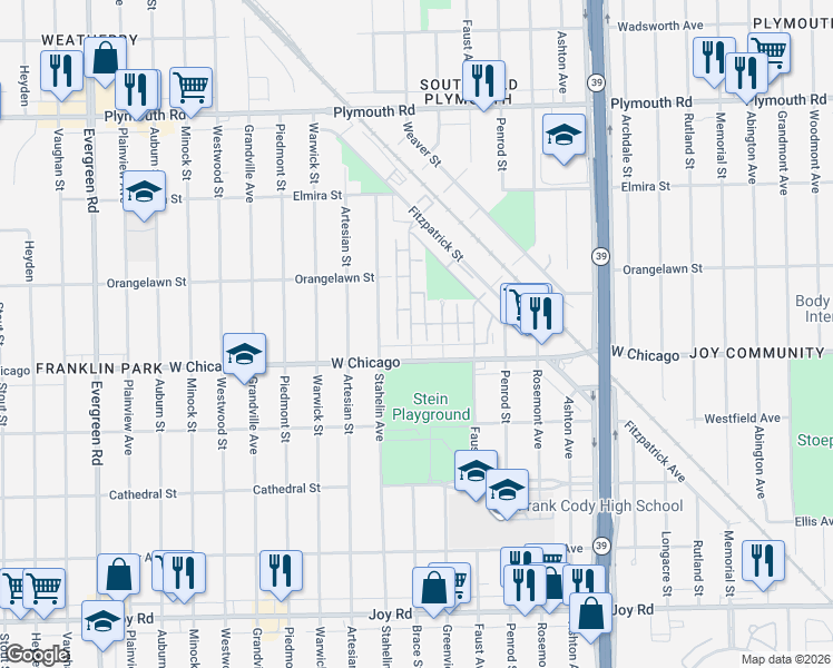 map of restaurants, bars, coffee shops, grocery stores, and more near 9531 Greenview Avenue in Detroit