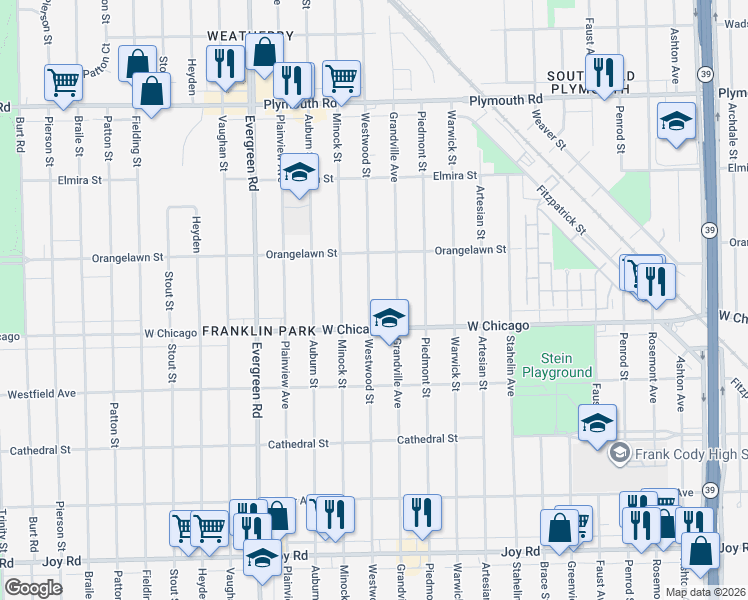 map of restaurants, bars, coffee shops, grocery stores, and more near 9581 Grandville Avenue in Detroit