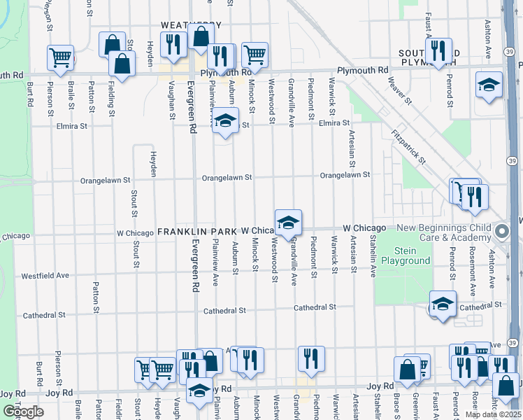 map of restaurants, bars, coffee shops, grocery stores, and more near 9574 Minock Street in Detroit