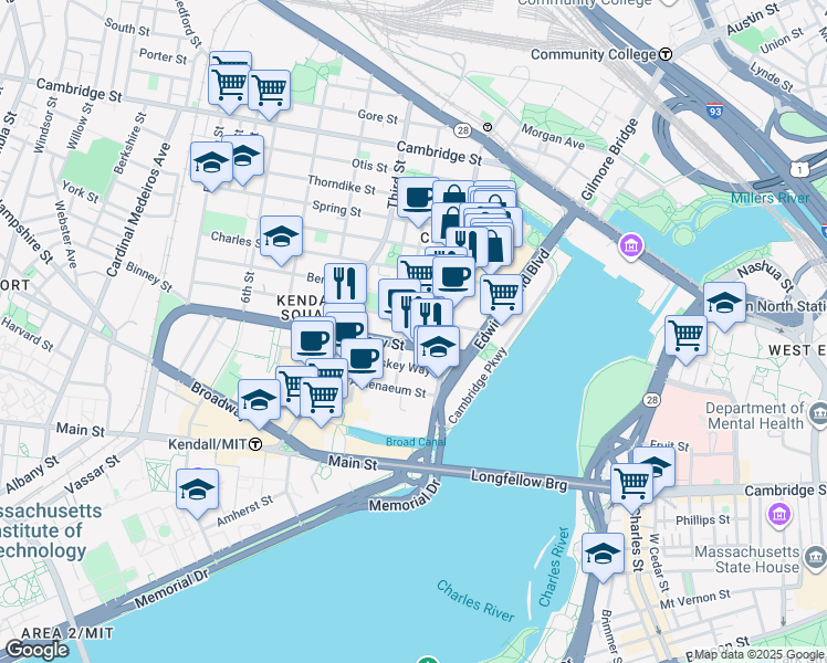 map of restaurants, bars, coffee shops, grocery stores, and more near 65 Binney Street in Cambridge