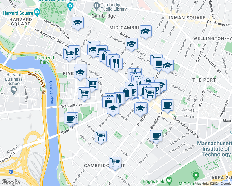 map of restaurants, bars, coffee shops, grocery stores, and more near 15 Soden Street in Cambridge