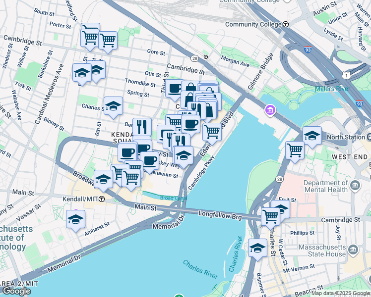 map of restaurants, bars, coffee shops, grocery stores, and more near 33 Rogers Street in Cambridge