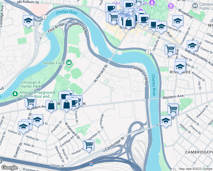 map of restaurants, bars, coffee shops, grocery stores, and more near 44 Harvard Way in Boston
