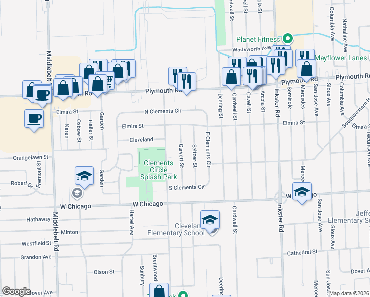 map of restaurants, bars, coffee shops, grocery stores, and more near 10001 Garvett Street in Livonia
