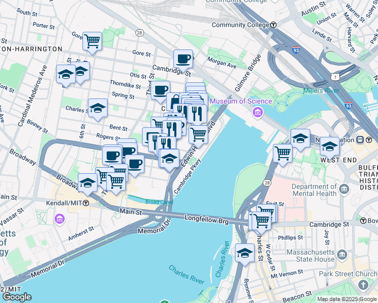 map of restaurants, bars, coffee shops, grocery stores, and more near 1 Rogers Street in Cambridge