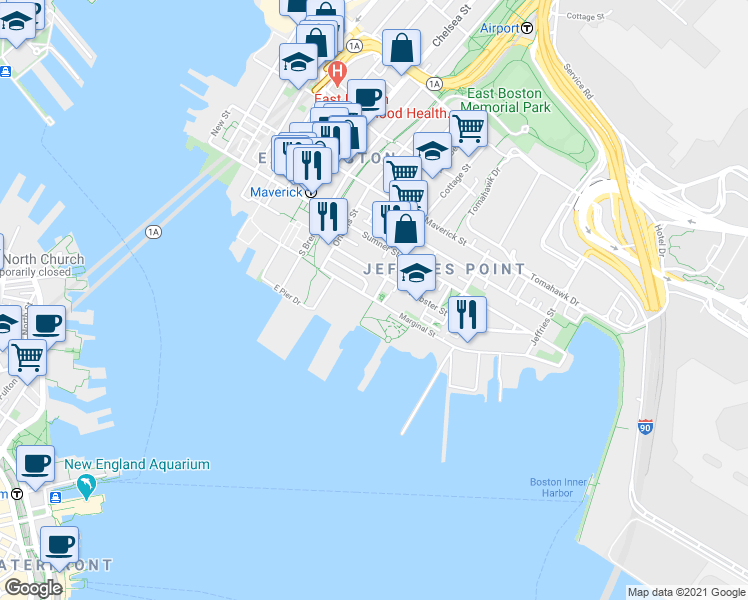 map of restaurants, bars, coffee shops, grocery stores, and more near Marginal St & Cottage St in Boston