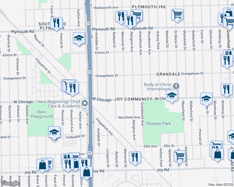 map of restaurants, bars, coffee shops, grocery stores, and more near 9550 Rutland Street in Detroit