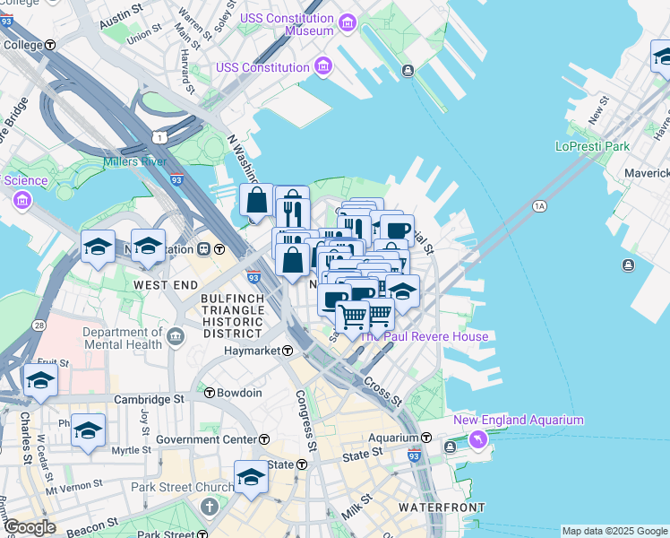 map of restaurants, bars, coffee shops, grocery stores, and more near 89A B Prince Street in Boston