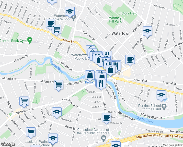 map of restaurants, bars, coffee shops, grocery stores, and more near 64 Pleasant Street in Watertown