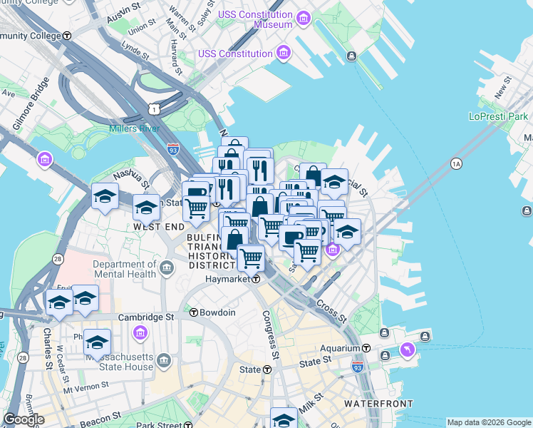 map of restaurants, bars, coffee shops, grocery stores, and more near 7 Endicott Court in Boston