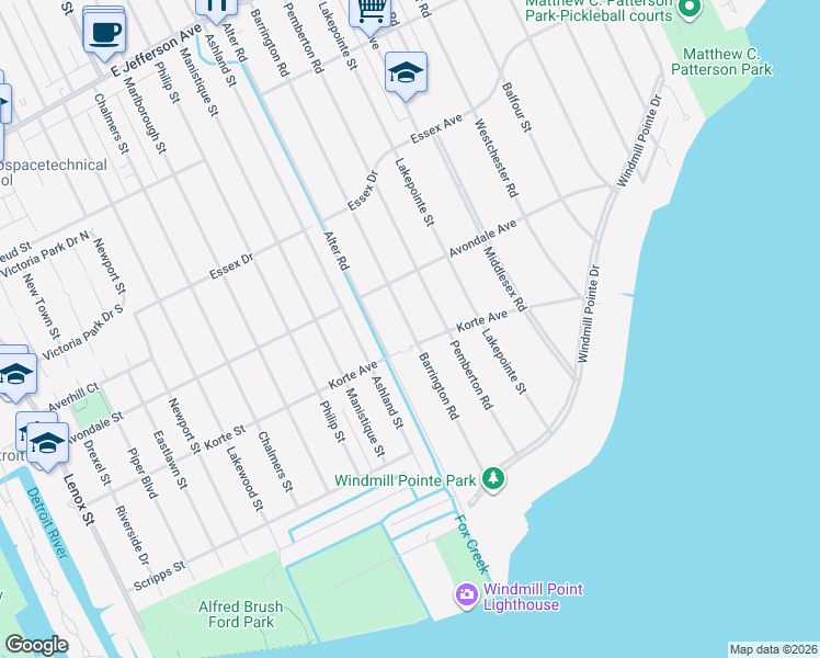 map of restaurants, bars, coffee shops, grocery stores, and more near 624 Barrington Road in Grosse Pointe Farms