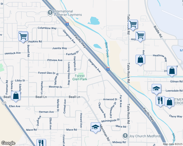map of restaurants, bars, coffee shops, grocery stores, and more near 1126 Paisley Court in Central Point