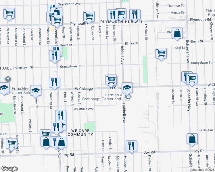 map of restaurants, bars, coffee shops, grocery stores, and more near 9529 Lauder Street in Detroit