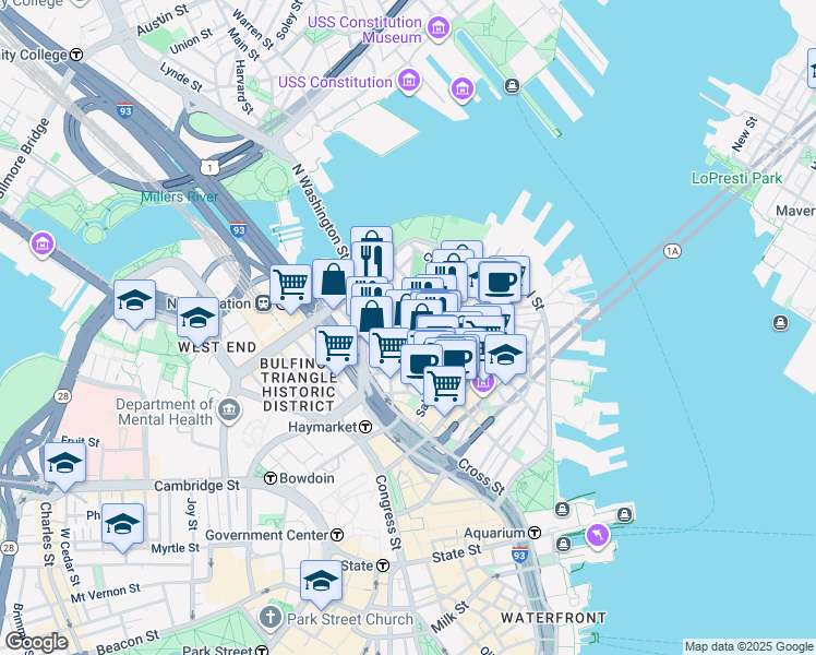 map of restaurants, bars, coffee shops, grocery stores, and more near 3 Snow Hill Street in Boston
