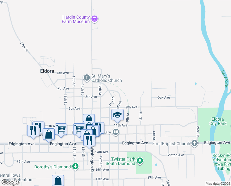 map of restaurants, bars, coffee shops, grocery stores, and more near 702 10th Street in Eldora