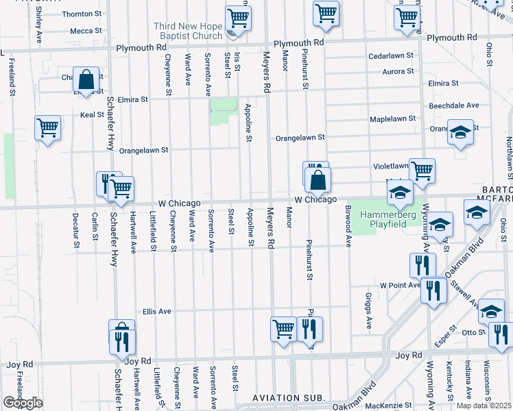 map of restaurants, bars, coffee shops, grocery stores, and more near 12799 West Chicago in Detroit