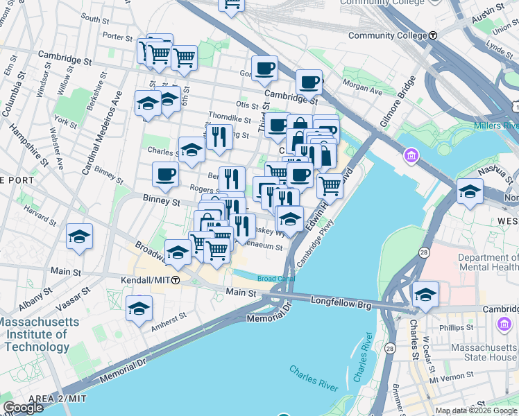 map of restaurants, bars, coffee shops, grocery stores, and more near 75 Binney Street in Cambridge