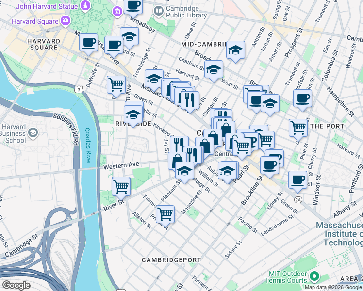 map of restaurants, bars, coffee shops, grocery stores, and more near in Cambridge
