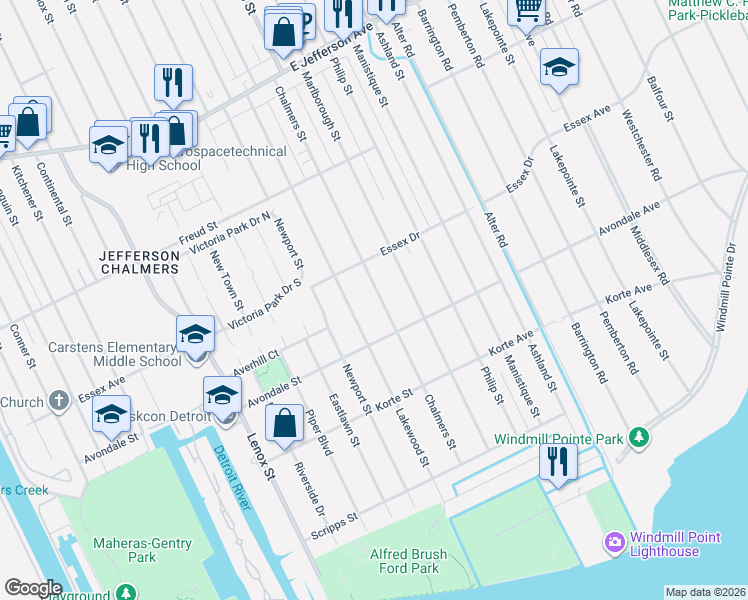 map of restaurants, bars, coffee shops, grocery stores, and more near 448 Chalmers Street in Detroit