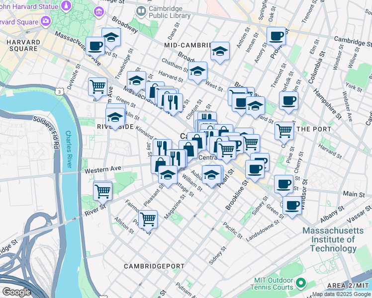 map of restaurants, bars, coffee shops, grocery stores, and more near 345 Franklin Street in Cambridge