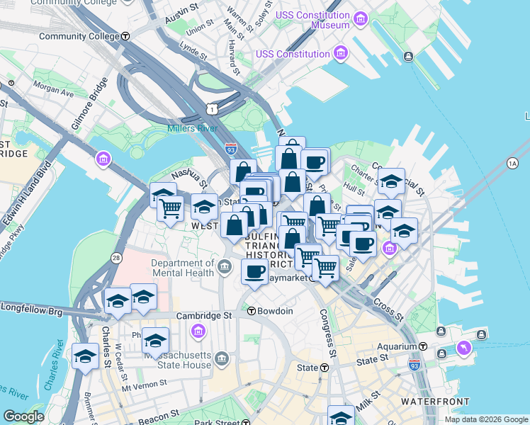 map of restaurants, bars, coffee shops, grocery stores, and more near 100 Causeway Street in Boston