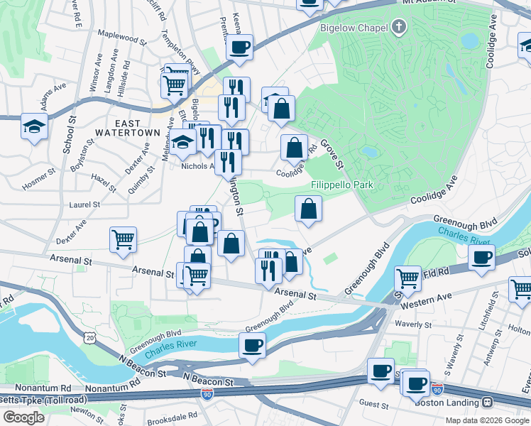 map of restaurants, bars, coffee shops, grocery stores, and more near 28 Berkeley Street in Watertown